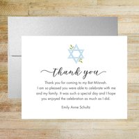 Green and Blue Floral Star of David Personalized Bat or Bar Mitzvah Thank You Cards, Set of 25