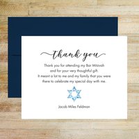 Blue Star of David Personalized Bar or Bat Mitzvah Thank You Cards, Set of 25