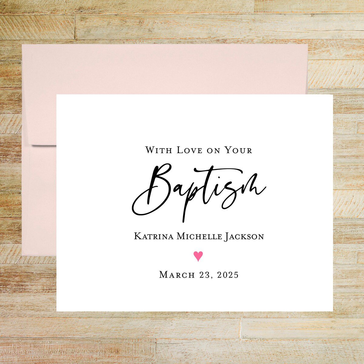 With Love On Your Baptism Pink Heart Personalized Greeting Card